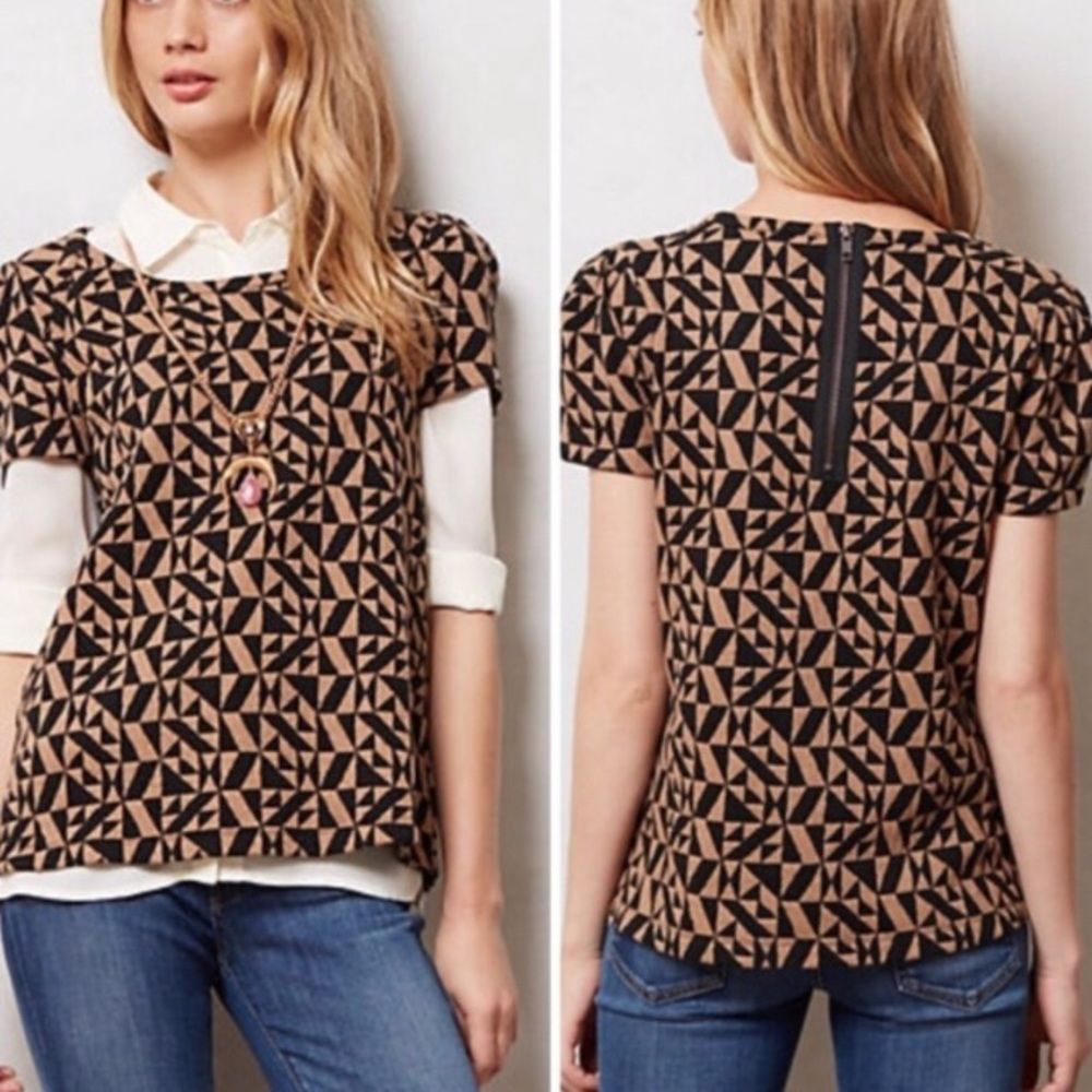 Anthropologie Black and Tan Graphic Blouse